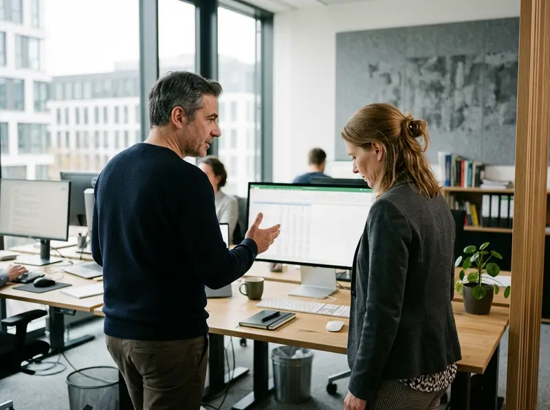 Zwei Personen an einem Schreibtisch in einem hellen Büro, im Blick auf einen Monitor