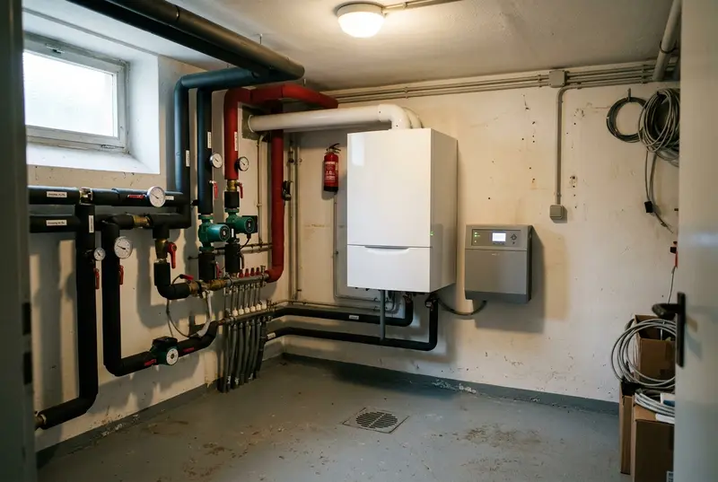 Moderne Gasheizzentrale eines Mehrfamilienhauses mit Wandgerät, Rohrleitungen und Messtechnik