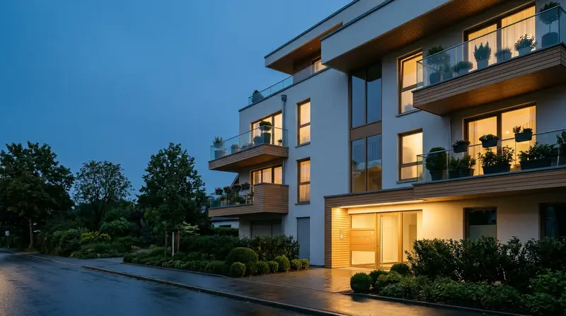 Modernes Mehrfamilienhaus in der Abenddämmerung, warm beleuchtete Fenster und Balkone