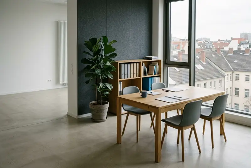 Besprechungsecke in einem hellen Büro mit Holztisch, Aktenordnern und Blick über Stadtdächer